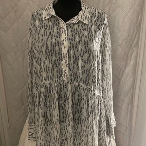 White with black and silver feathers Lane Bryant Button down Empire waist blouse